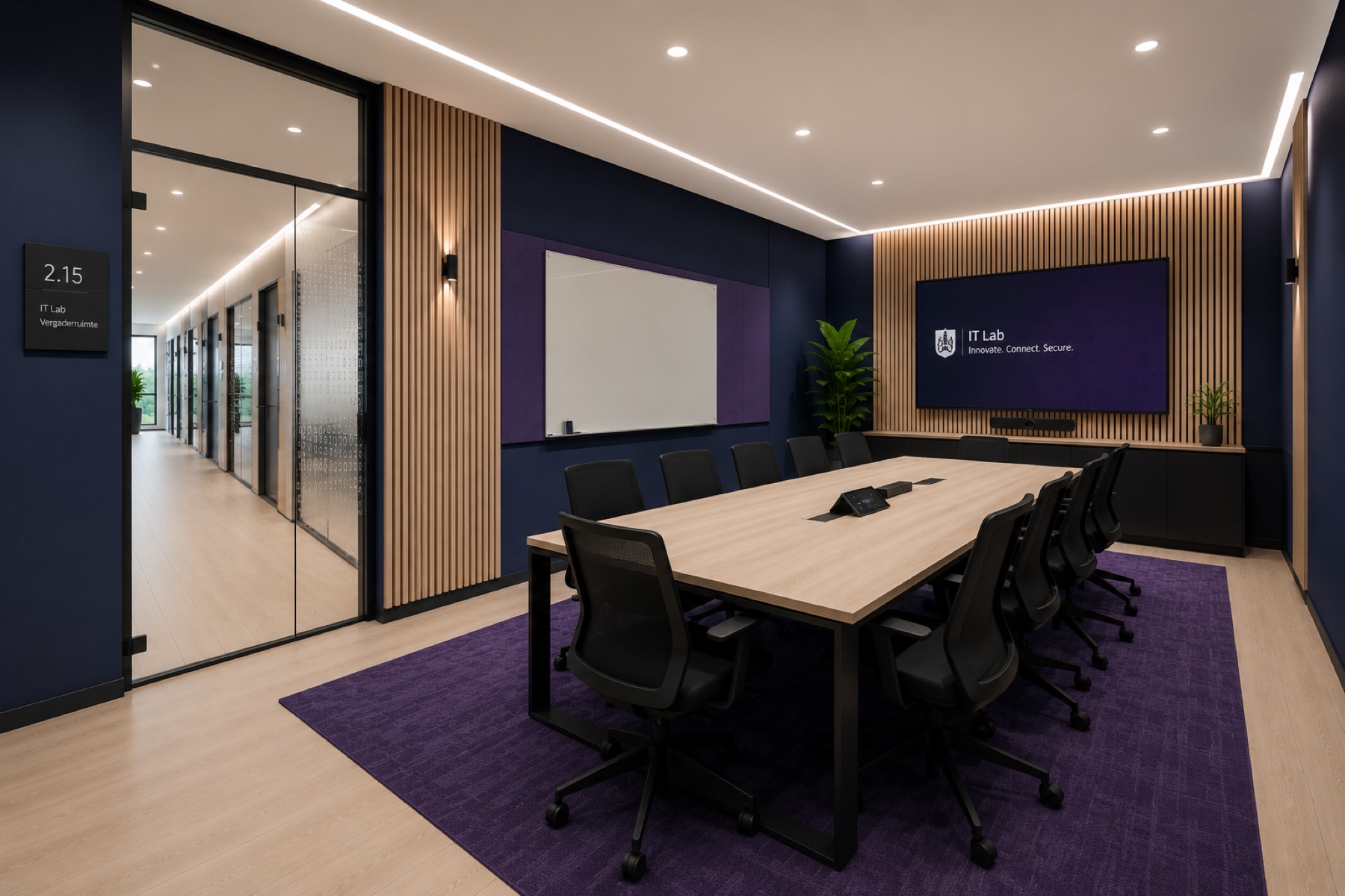 Vergaderruimte IT Lab met paars tapijt en walnoot lamellen