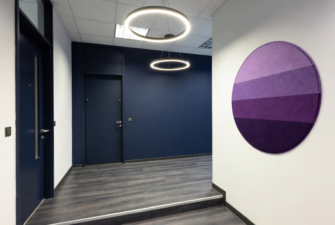 Entree met donkerblauwe wand en ringlamp