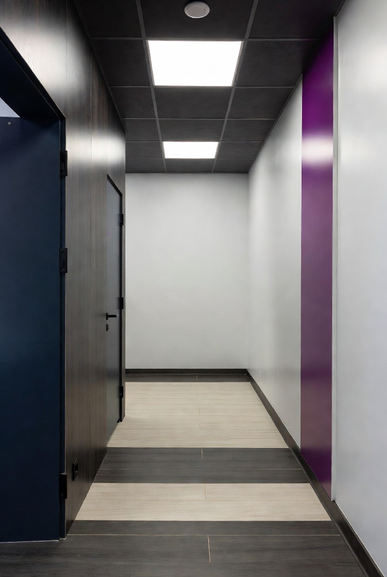 Gang met antraciet plafond en paars accent