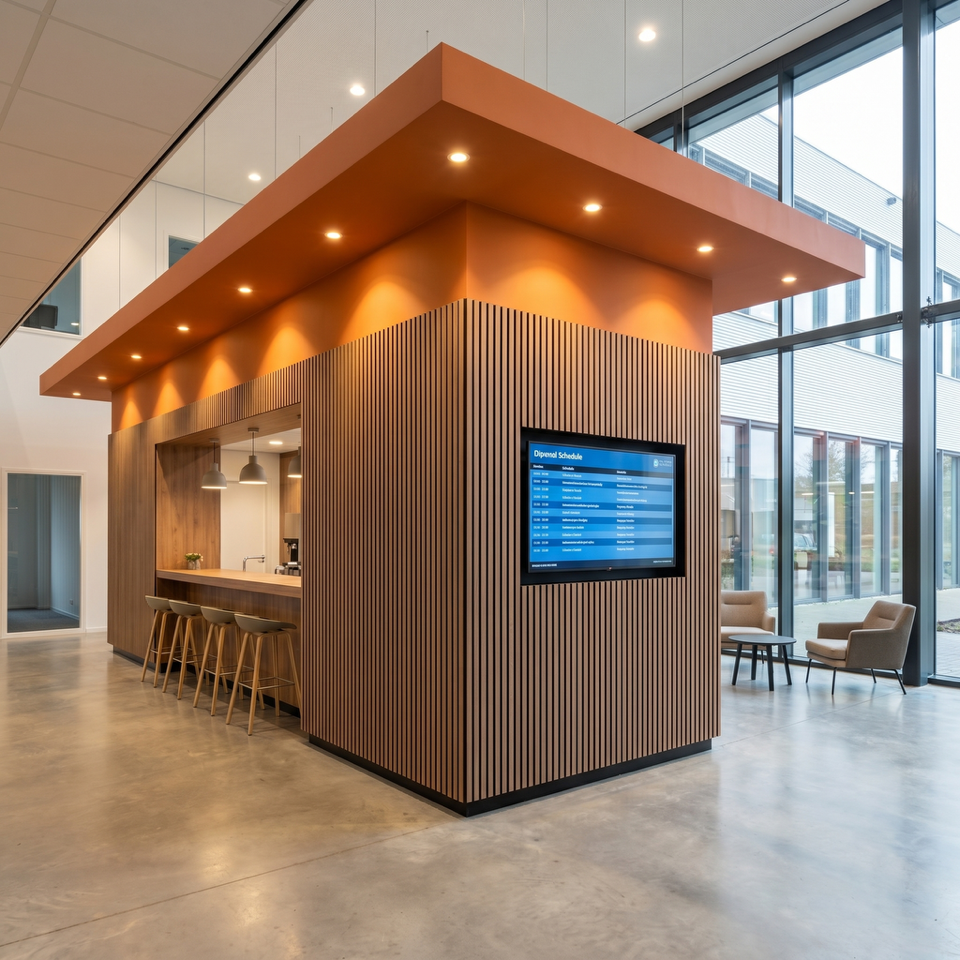 Referentie: warmhouten kiosk/receptie